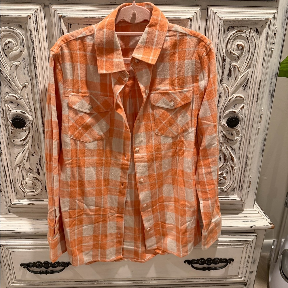 Women’s Orange & Cream Plaid Button-Up Shirt - Relaxed Fit
